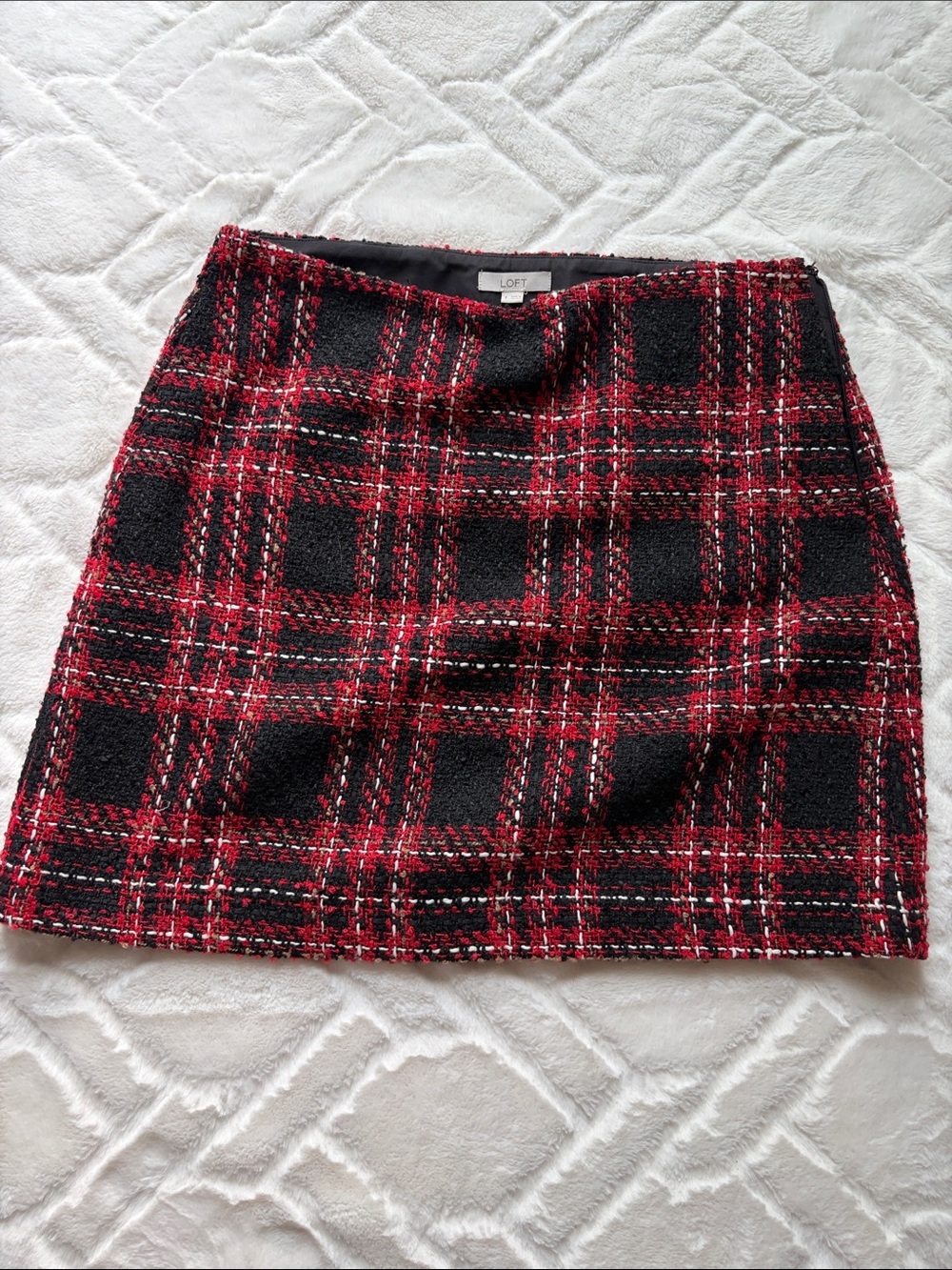 LOFT Black and Red Plaid Tweed Mini Skirt